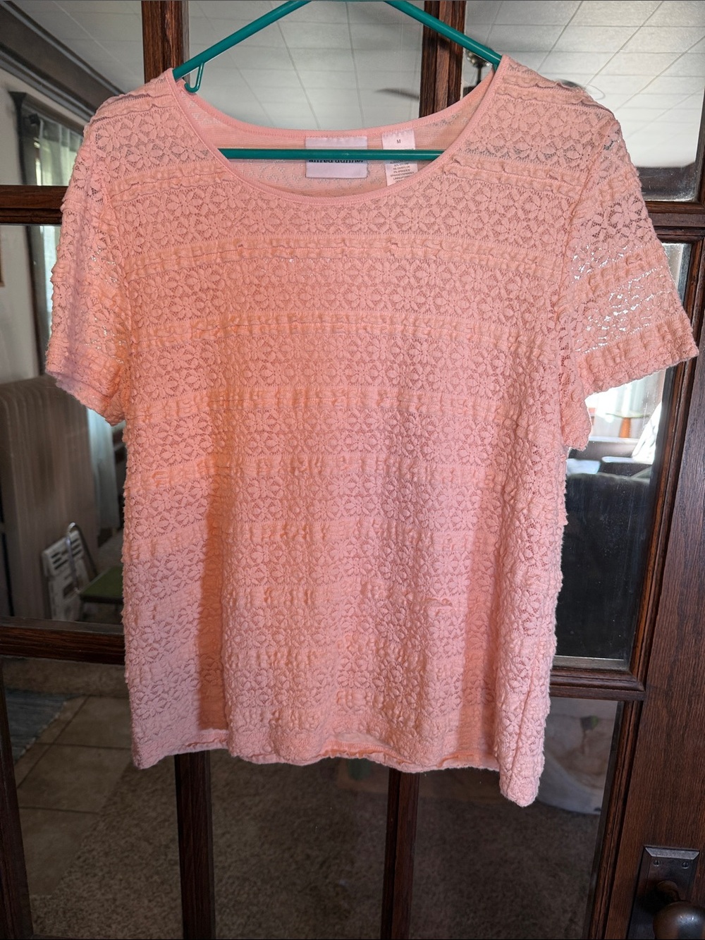 Alfred Dunner Peach‎ Floral Lace Short Sleeve Lined Blouse Top Medium Romantic